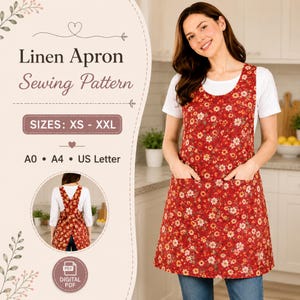 May include: A digital sewing pattern for a linen apron featuring a red floral print. The text reads Linen Apron Sewing Pattern, SIZES: XS - XXL, A0, A4, US Letter, and DIGITAL PDF. The apron has a cross-back design and two front pockets.