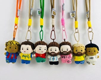 Crochet Football Legend Keychain, Bag Charm for Soccer Fan Gift, Collectible Sports Mascot, Chibi Doll Accessory, Hand-Knit Soccer Icon