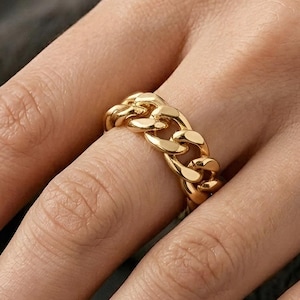 Cuban Link Chain Statement Ring, 18K Gold Plated GS Jewelry Unisex Curb Band