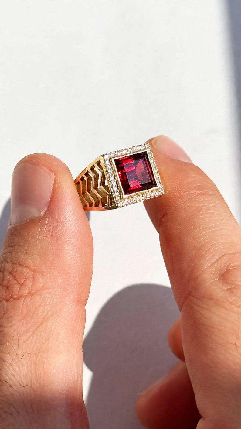 Mens Red Ruby Signet Ring, 18K Gold Over 925 Silver, Vintage 1980s Boss ...