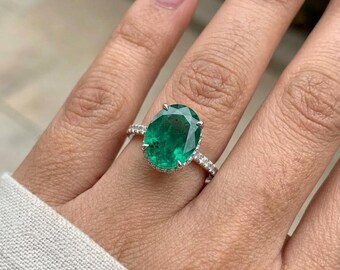 IGI Certified Oval Zambian Emerald Ring | 3.26 Carat 925 Sterling Silver Hidden Halo Solitaire