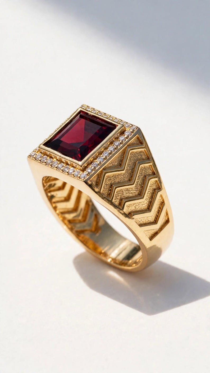 Mens Red Ruby Signet Ring, 18K Gold Over 925 Silver, Vintage 1980s Boss ...