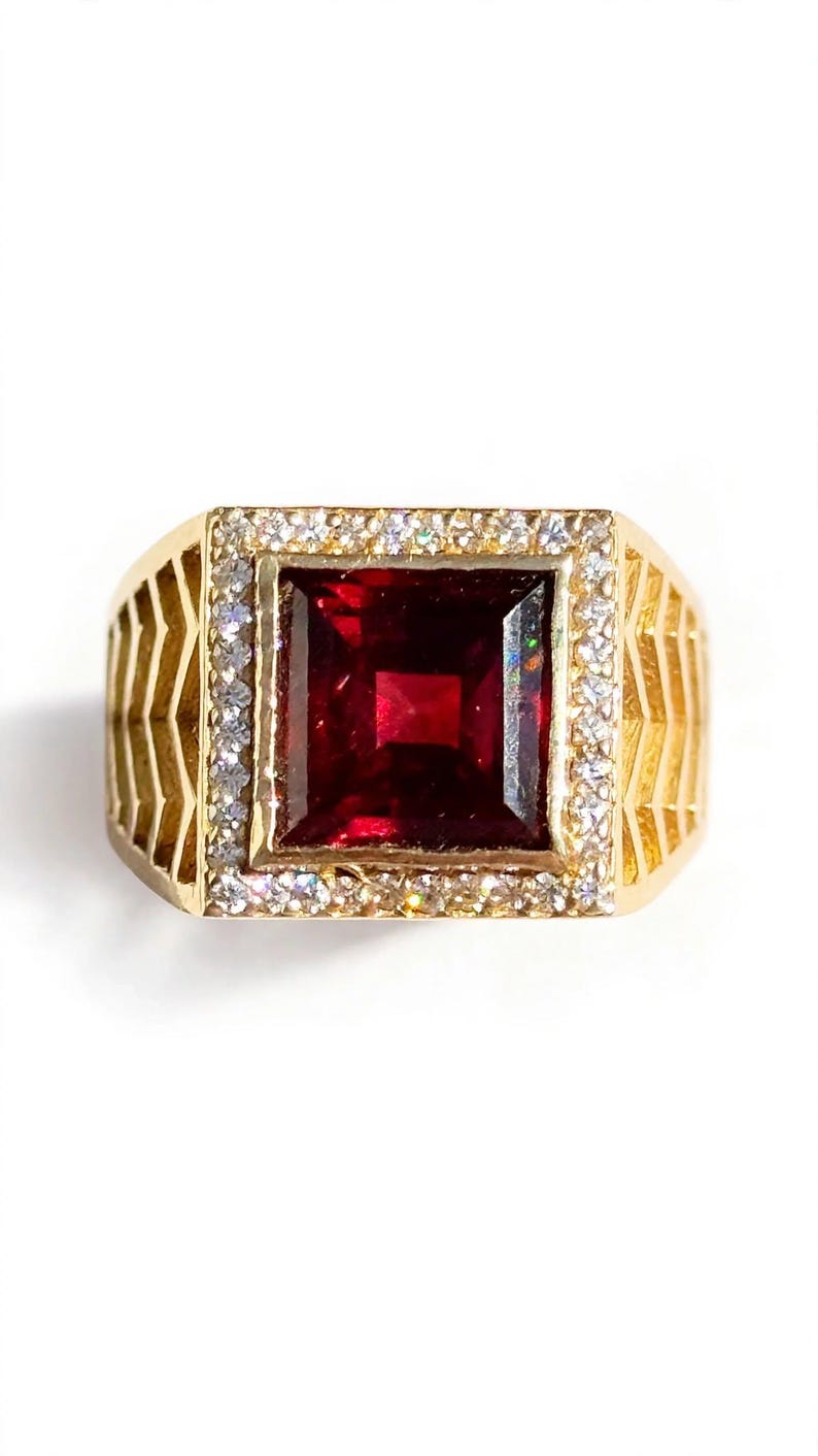 Mens Red Ruby Signet Ring, 18K Gold Over 925 Silver, Vintage 1980s Boss ...