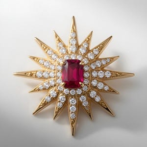 May include: A gold-coloured starburst brooch with a central rectangular ruby. The brooch is decorated with numerous small, round, clear gemstones. The starburst design features pointed rays extending outwards from the centre.