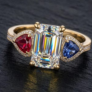 Emerald Cut Solitaire Statement 3 Stones Ring | Ruby, Sapphire Accents | 925 Silver Gold Plated