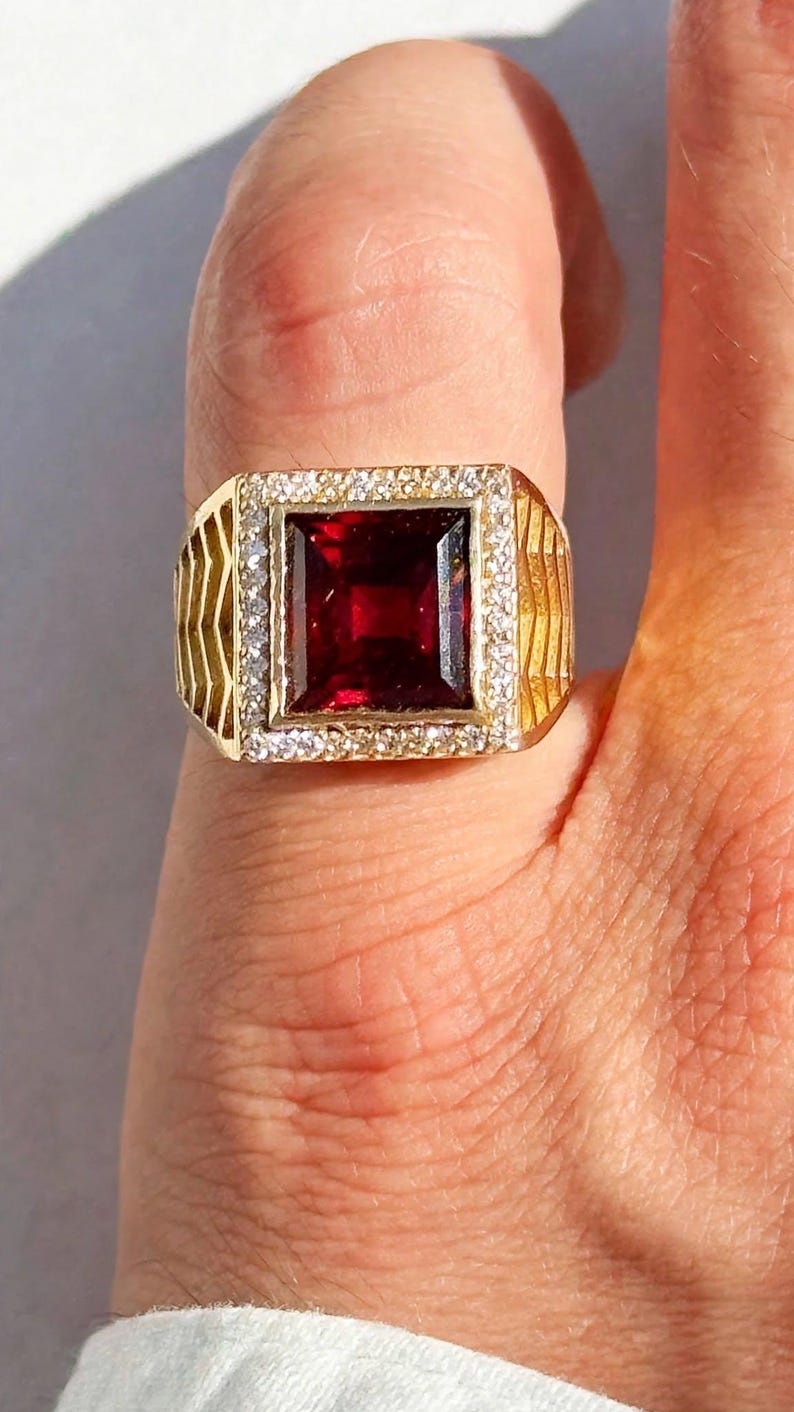 Mens Red Ruby Signet Ring, 18K Gold Over 925 Silver, Vintage 1980s Boss ...