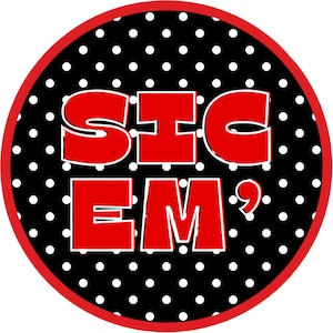 May include: A circular graphic design featuring a black background with a repeating pattern of small white polka dots. The text SIC EM is displayed in bold red capital letters with a thin black outline, enclosed by a thick red circular border.