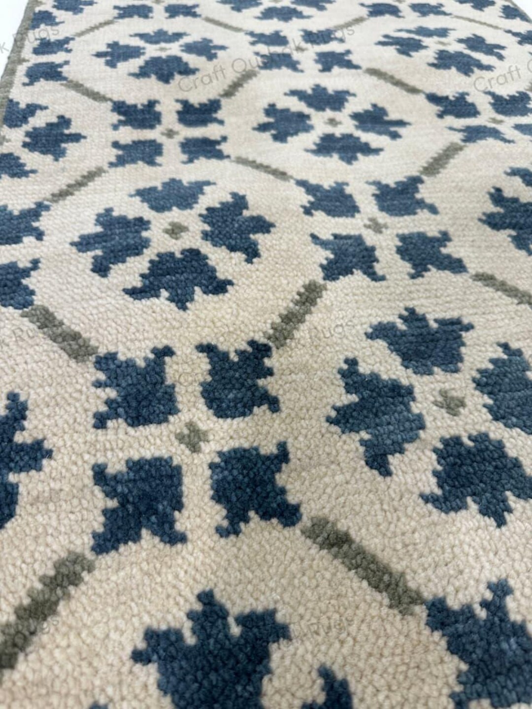 Ivory Blue Geometric Hand Knotted Rug Small Area Rug Repeating Pattern ...