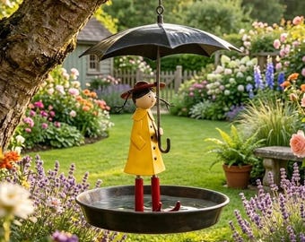 Regenschirm Mädchen Hängen Vogel Futterhaus, Einzigartige Metall Vogeltränke Dekor für Garten, Outdoor Housewarming Geschenk für Vogelliebhaber