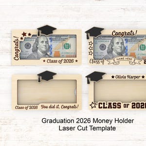 May include: Wooden graduation money holders with a cutout for a bill, featuring a graduation cap design. The holders have text that says "Congrats!" and "Class of 2026". One holder has space for a name.