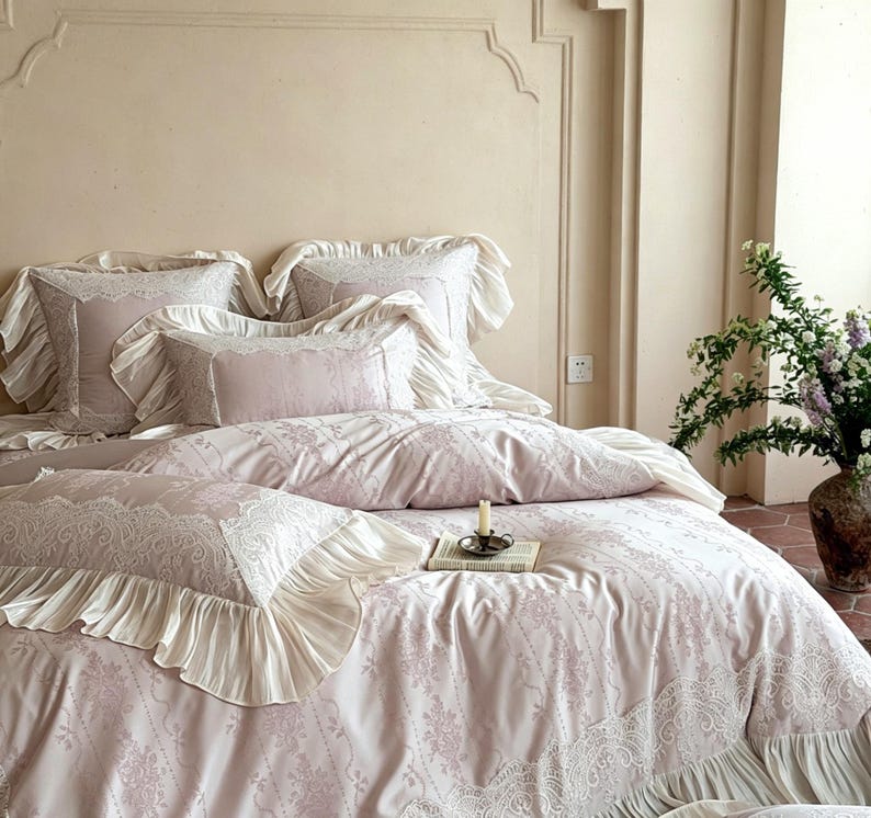 May include: A light pink bedding set featuring a delicate white lace pattern and ruffled edges. The set includes a duvet cover and multiple pillows, all adorned with intricate lace detailing and soft, pleated fabric borders for a layered look.