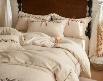 Cream Jacquard Bedding Set, Romantic Ruffles, Victorian Cottagecore Style