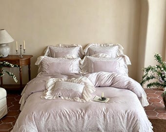 Soft Tencel Cotton Blend Bedding Set, Ruffle Lace Trim, Victorian Cottagecore Style