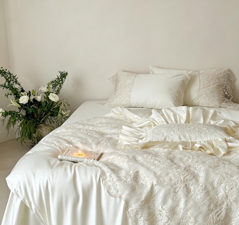 Puede incluir: Un juego de cama de color crema que incluye una funda n&oacute;rdica lisa con intrincados bordados de encaje, fundas de almohada a juego con paneles laterales de encaje y un coj&iacute;n decorativo cuadrado con borde de volantes sobre una cama.