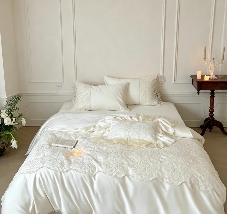 Puede incluir: Un juego de cama de color crema que incluye una funda n&oacute;rdica lisa, dos almohadas rectangulares con bordes de encaje y un coj&iacute;n cuadrado m&aacute;s peque&ntilde;o con borde de volantes. El conjunto incluye una manta texturizada y bordada.