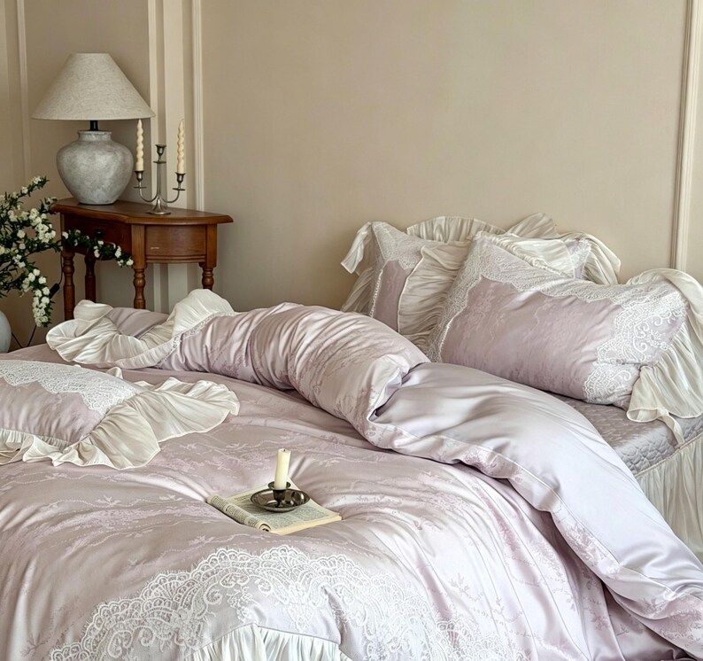 May include: A light lavender bedding set featuring a duvet cover and matching pillowcases with intricate white lace trim and ruffled edges. The fabric has a subtle tonal damask pattern, and the set is arranged on a bed with soft folds.