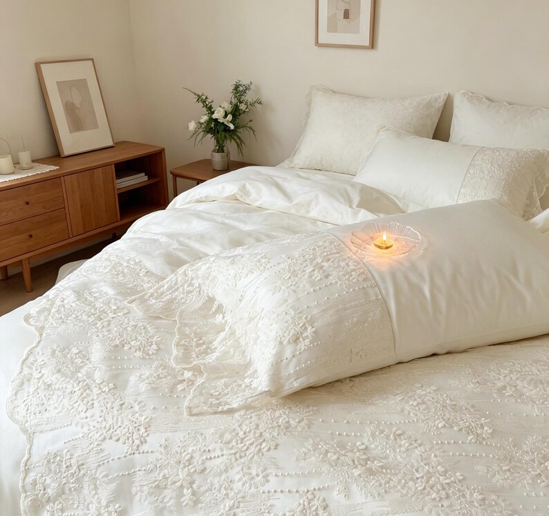 Juego de ropa de cama de 4 piezas de Tencel color crema con encaje, sábanas de lyocell sedoso y sobrecubierta de encaje festoneado. imagen 4