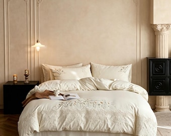 Vintage Floral Embroidered Cotton-Linen Bedding Set with Lace Trim