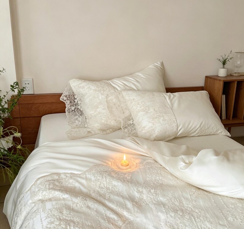 Juego de ropa de cama de 4 piezas de Tencel color crema con encaje, sábanas de lyocell sedoso y sobrecubierta de encaje festoneado. imagen 6