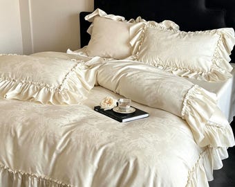 Vintage Floral Embroidered Cotton-Linen Bedding Set with Lace Trim