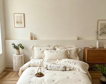 Pure Cotton Floral Embroidered Bedding Set with Ruffles