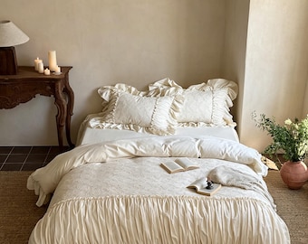 Vintage Floral Embroidered Cotton-Linen Bedding Set, Lace Trimmed Duvet Cover