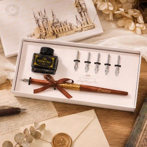 Coffret de stylos à plume personnalisés avec encre et plumes, coffret cadeau de calligraphie avec nom personnalisé, coffret d'écriture doré ou argenté avec porte-plume en option image 2