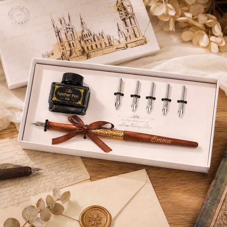 Coffret de stylos à plume personnalisés avec encre et plumes, coffret cadeau de calligraphie avec nom personnalisé, coffret d'écriture doré ou argenté avec porte-plume en option image 2