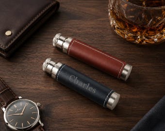 Personalized 1 oz Tube Flask, Engraved PU Leather Stainless Steel Mini Flask, Custom Name Groomsmen Gift for Him