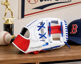 名入れ野球グローブ、カスタムネーム入り赤白青のフィールディンググローブ