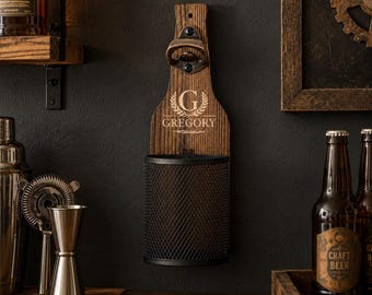 パーソナライズされた木製壁掛けビール栓抜き、ボトル型キャップキャッチャー、素朴なバー装飾、25 x 8 cm