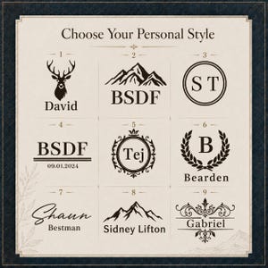 May include: A grid of nine black graphic design options on a cream background with the text Choose Your Personal Style. The designs include a deer head, mountain silhouettes, circular monograms, laurel wreaths, and various serif and script fonts.
