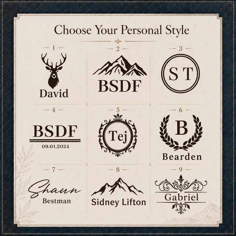 May include: A grid of nine black graphic design options on a cream background with the text Choose Your Personal Style. The designs include a deer head, mountain silhouettes, circular monograms, laurel wreaths, and various serif and script fonts.
