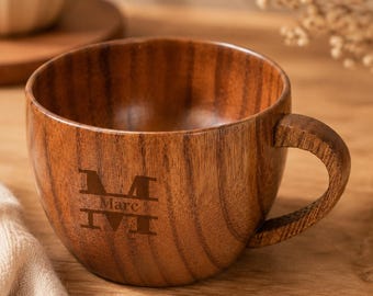 名入れ木製コーヒーカップ、カスタム名入れ可能な250ml木製マグカップ、コーヒー好きへのギフト