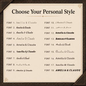Peut inclure: Un tableau rectangulaire intitul&eacute; Choose Your Personal Style, pr&eacute;sentant dix-huit options de polices distinctes pour les noms Amelia & Claude. Le texte est affich&eacute; en noir sur un fond cr&egrave;me avec un cadre de bordure marron fonc&eacute;.