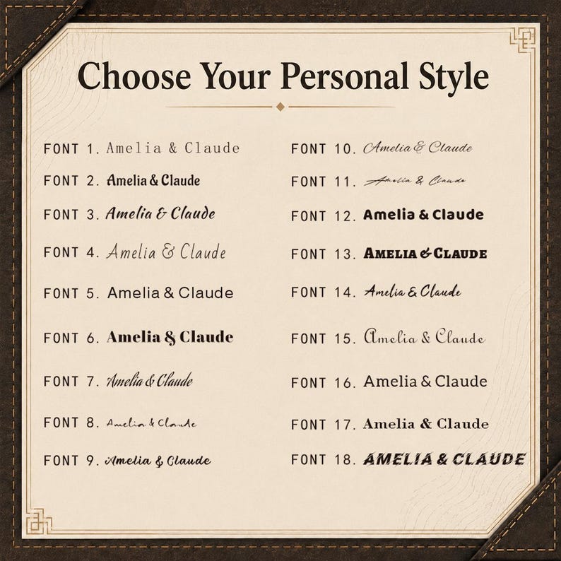 Peut inclure: Un tableau rectangulaire intitul&eacute; Choose Your Personal Style, pr&eacute;sentant dix-huit options de polices distinctes pour les noms Amelia & Claude. Le texte est affich&eacute; en noir sur un fond cr&egrave;me avec un cadre de bordure marron fonc&eacute;.