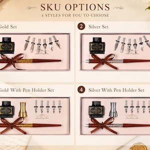 Peut inclure: Un ensemble de quatre options de stylos calligraphiques &eacute;tiquet&eacute; SKU OPTIONS. Chaque ensemble comprend un stylo en bois avec un ruban marron, un flacon d'encre noire &eacute;tiquet&eacute; The Feather Pen et cinq plumes m&eacute;talliques. Les ensembles 3 et 4 incluent un porte-stylo m&eacute;tallique.