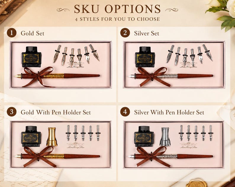 Peut inclure: Un ensemble de quatre options de stylos calligraphiques &eacute;tiquet&eacute; SKU OPTIONS. Chaque ensemble comprend un stylo en bois avec un ruban marron, un flacon d'encre noire &eacute;tiquet&eacute; The Feather Pen et cinq plumes m&eacute;talliques. Les ensembles 3 et 4 incluent un porte-stylo m&eacute;tallique.