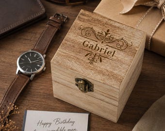 パーソナライズされた木製時計ボックス、カスタム刻印入り記念品ケース