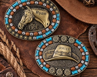 Personalized Western Belt Buckle, Custom Name Cowboy Buckle, Cowboy Hat Horse Belt Buckle, Rodeo Gift for Men