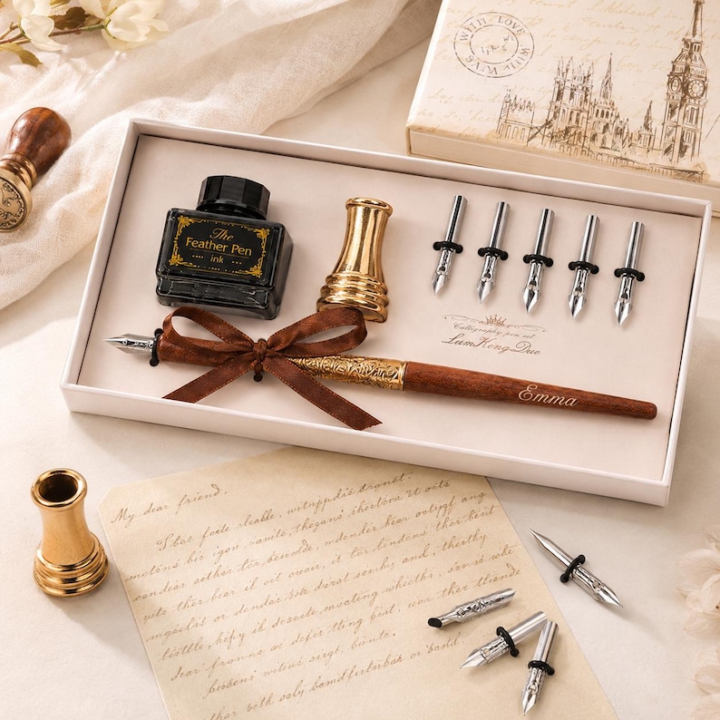 Peut inclure: Un ensemble de calligraphie dans une bo&icirc;te blanche comprenant un stylo en bois avec un ruban marron, un flacon d'encre noire &eacute;tiquet&eacute; The Feather Pen, un porte-stylo dor&eacute; et cinq plumes argent&eacute;es. Le stylo porte le nom Emma. Lettre et plumes incluses.