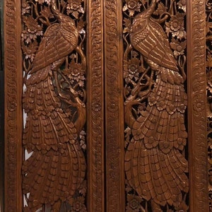 Handmade Carved Teak Door Extra Headboard Large Wood Wall Art Carved Birds Peacock Flower Wooden Panel Reclaim Carving Thai Sculpture Decor