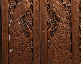 Handmade Carved Teak Door Extra Headboard Large Wood Wall Art Carved Birds Peacock Flower Wooden Panel Reclaim Carving Thai Sculpture Decor