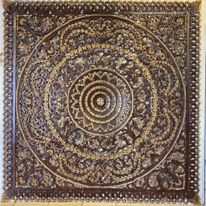 Mahogany Gold King Headboard Carved Headboard King, Large Teak Wood Panels Wall Art, Thai Wood Carving, Mandala Wood Wall Art Hanging 180cm