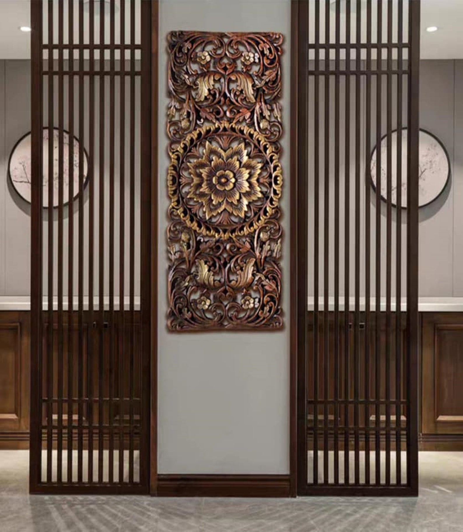 35.5" Brown White Floral Tropical Carved Wood Wall Art Panel Rustic ...