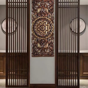 35.5&quot; Brown White Floral Tropical Carved Wood Wall Art Panel Rustic Teak Wood Headboard Sculpture Lotus Flower Mandala Wooden Boho Thai