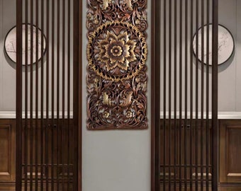 Hand Carved Wood Panel Wall Mounted Hanging Home Decorative Sculpture Brown Reclaimed Teak Wall Art Thailand 36 inch Boho Headboard Decor