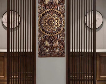 35.5&quot; Brown White Floral Tropical Carved Wood Wall Art Panel Rustic Teak Wood Headboard Sculpture Lotus Flower Mandala Wooden Boho Thai