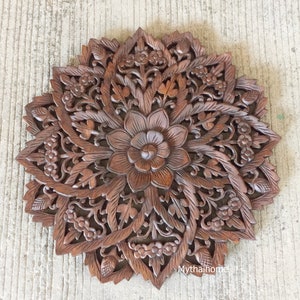 Round Mandala Carved Wood Wall Art  Lotus Flower Teak Panel Wooden Hand Carved Wall Hanging Home Decor Thai Sculpture 60 cm Asian Wood Panel