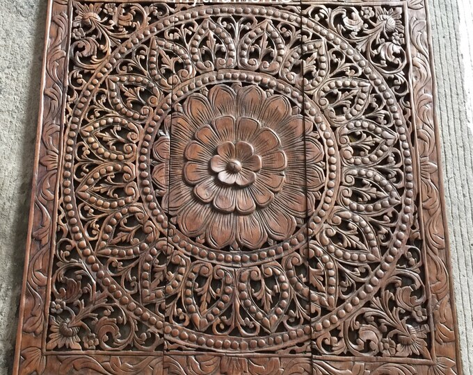 35 Inches White Wood Mandala Wall Art Teak Carved Wood Queen Headboard